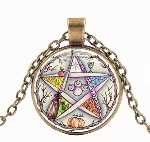 Collar De Pentagrama  Wicca De Triple Luna Con Árbol