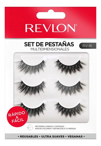 Set De Pestañas De Mink Revlon Mas Volumen 3 Pares Reusables Color Rv-16 Espesor 5 Mm Largo 5 Mm Tipo De Curvatura C