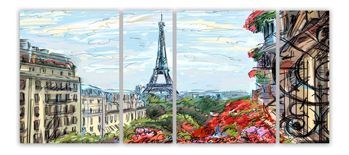 Cuadro 40x100cm Paris Torre Eiffel Acuarela Colores Flores