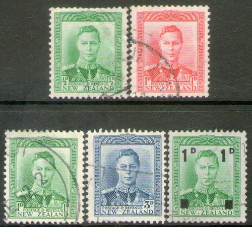Nueva Zelanda 5 Sellos Usados Rey George 6° Años 1938-41