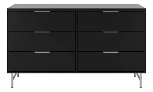 Cômoda 6 Gavetas Yves 135 Cm - Preto Fosco C/ Champanhe