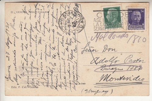 1931 Postal Cursada De Genova A Montevideo Sellos Y Texto