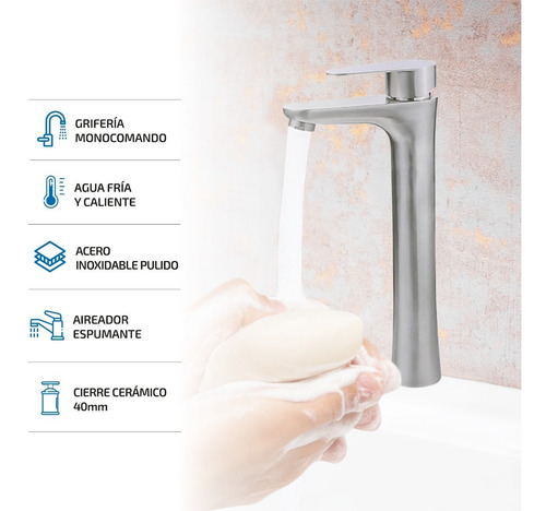 Imagen 2 de 7 de Griferia Canilla Monocomando Baño Y Lavatorio Acero Vanitory