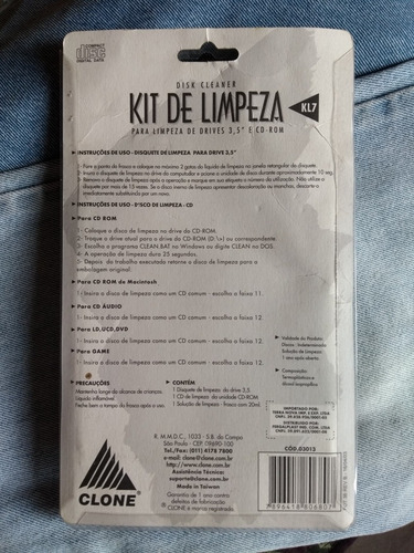 Kit Para Limpeza De Floppy Disk E Cd Rom Marca Clone