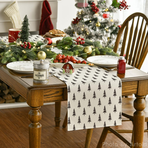 Camino De Mesa De Navidad Beige Con Árbol De Navidad, Decora
