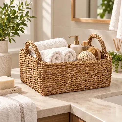 Cesto Caixa Organizador Retangular de Palha Natural Seagrass Multiuso Rústico Artesanal Decorativo para Quarto Banheiro Sala e Armário Organização de Toalhas Roupas Brinquedos Livros e Acessórios