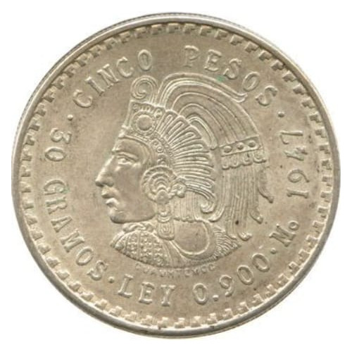 Moneda 5 Pesos 1948 Cuahutémoc Plata Ley.900