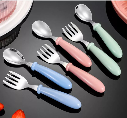 6 Pcs Acero Inoxidable Bebés Kit Cubiertos Cuchara Tenedor Multicolor