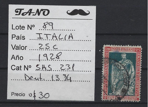 Lote89 Italia 25 Centesimi Año 1928 Sassone#231 Dent. 13 3/4