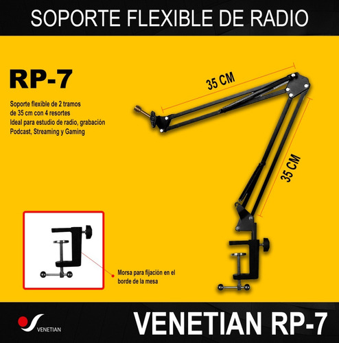Imagen 2 de 2 de Venetian Rp-7 Soporte Grabación Brazo Para Micrófono Condenser Sin Cable Xlr Radio Studio Morza Con Pipeta Full
