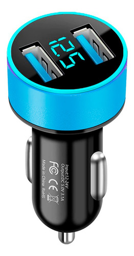 Carregador Veicular Voltimetro Digital Usb Duplo 3.1 Amperes Cor Azul