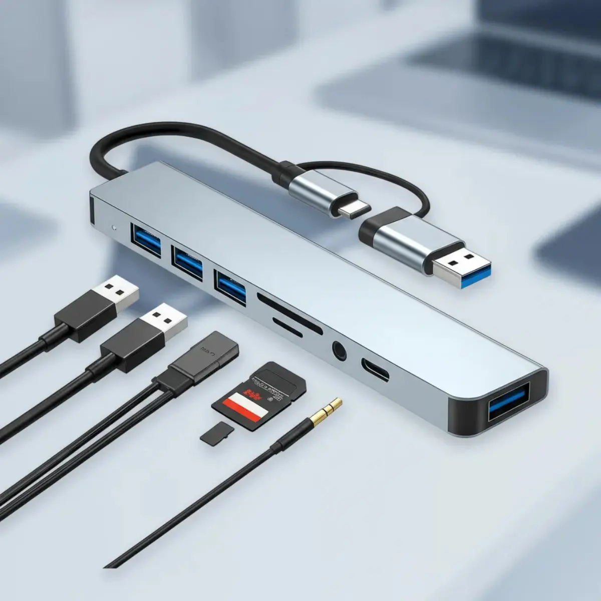 Adaptador Hub 8 Em 1 Multiportas Extensor Computador Pc Entradas Tipo C usb Leitor De Cartão Memória Micro Sd Marca Multicontrol