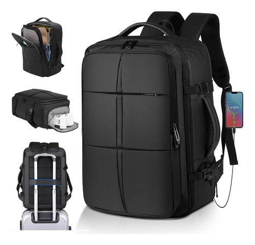 Mochila de Viaje Hongge TB212 de 40L Impermeable Expandible Escolar con Compartimento para Zapatos Incluye Puerto de Carga USB Color Negro