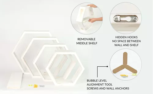 Estantes flotantes hexagonales extra grandes – Juego de 4 – Estantes de  panal octágonos estantes colgantes de pared – Decoración de panal – Estante