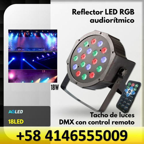 Reflector Led Rgb Tacho De Luces Audioritmico 18led Ctr Rem