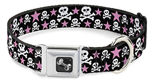 Collar Perro Calavera Estrellas Negro Blanco Rosa 15-26puLG