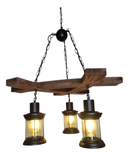 Lampara Rustica Colgante De Techo Madera Y 3 Faroles