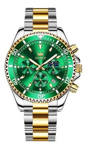 Relógio de pulso Olevs 2870 com corria de aço inoxidável cor prateado/ouro - fondo verde - bisel verde/ouro