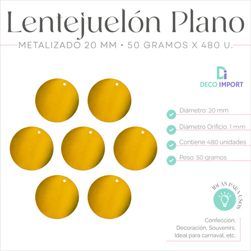 Lentejuelon Plano Metalizado 20mm X 50 Gramos - 480 Unis