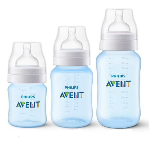 Kit 3 Mamadeiras Classic Anticólica 125/260/330ml Avent Azul