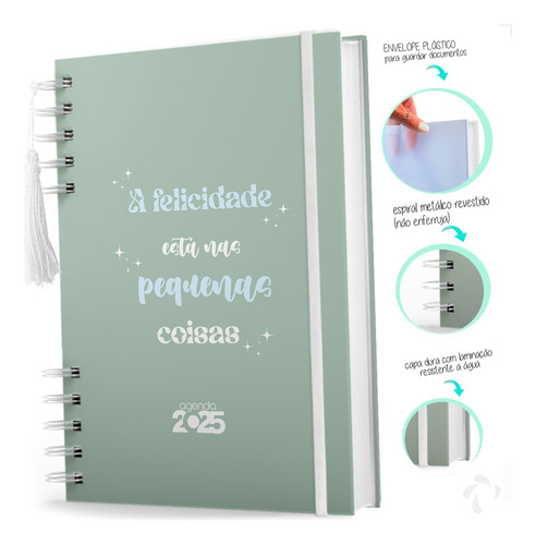 Agenda Coleção Frases Felicidade Cor Verde Com Capa Dura