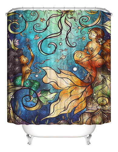 Cortina De Ducha Impermeable Sirena Con Ganchos
