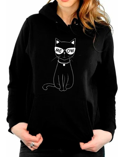 Poleron Estampado Con Diseño Gato Meow Con Lentes