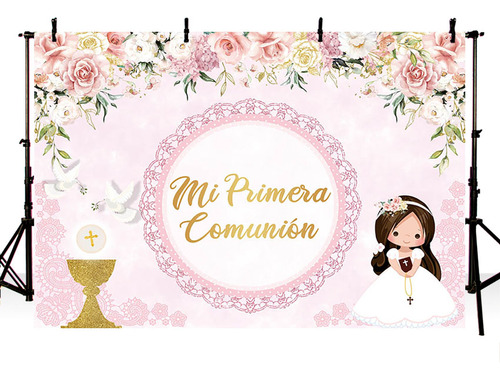 Fondo Fotográfico Elegante Floral De Niña Comunión Rosa