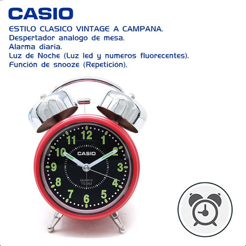 Despertador Digital Casio Vintage Tq362 Reloj Alarma Campana Color Rojo
