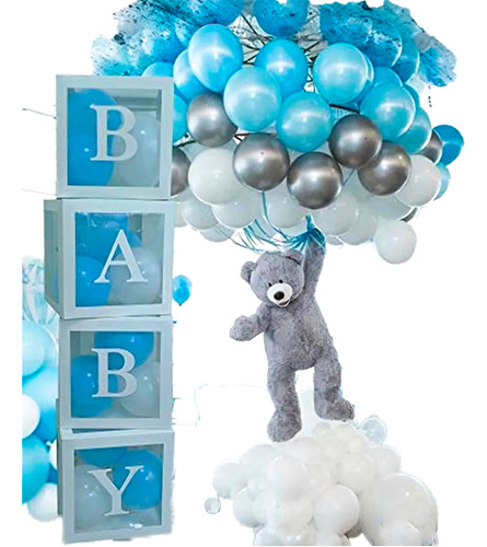 Arco Globos Baby Shower Azul Plateado Oso + Caja Mobiliario