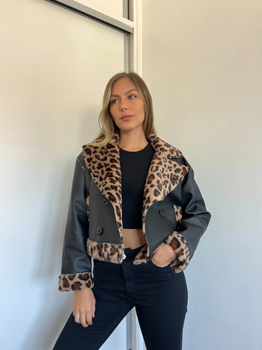 Campera Gamulan Eco Cuero Forrada En Corderito Animal Print
