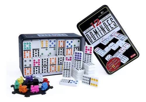 Jogo Dominó Mexicano Double 12 Cores 91 Peças Lata Decorada