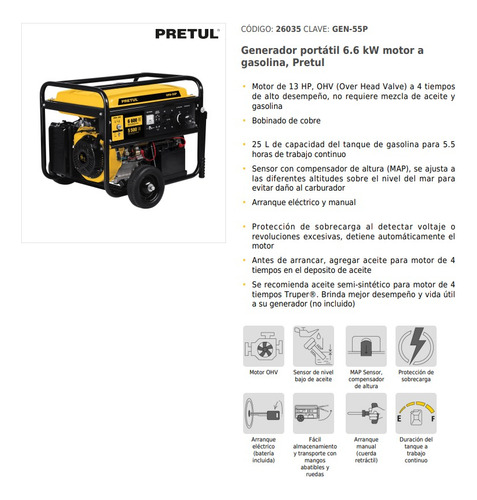 Generador Eléctrico A Gasolina, 5,500 W, Pretul 26035
