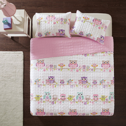 Juego Edredón Matrimonial Rosa Búho Decoración Dormitorio 3