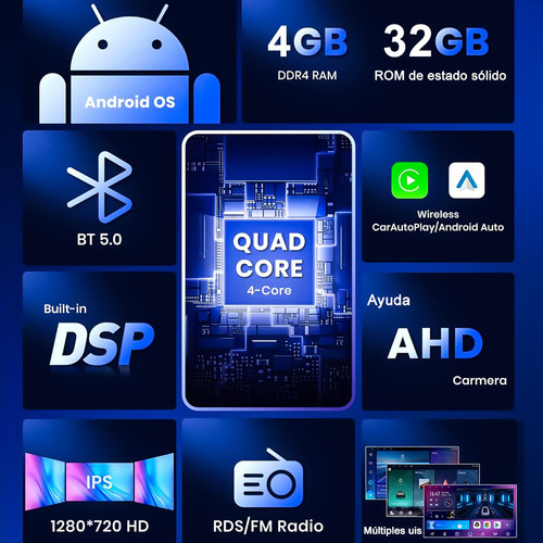 Autoestéreo 1 Din 4+32g Pantalla Táctil 10 Pulgadas Gps Bt Negro