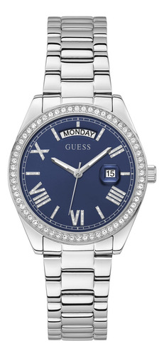 Guess Reloj Pulsera Con Borde De Moneda, Tono Plateado/azul