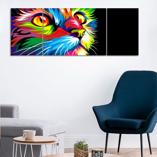 Cuadro Tríptico Animales Gato Colores (80x30 Cm)