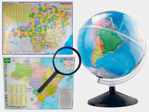 Kit Globo Terrestre 30cm Led Mapa Brasil Minas Gerais Lupa