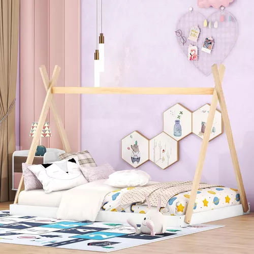Cama de casa tamaño individual para niños, cama de casa para niños pequeños  con estructura triangular, base de cama de madera para suelo, mueble de