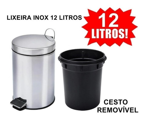 Lixeira Inox 12 Litros Grande Com Balde Removível