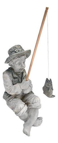 Figura De Resina Estatua Niño Pescador Sentado Adorno Jardín