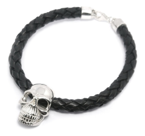 Imagen 2 de 6 de Pulsera Calavera Plata 925 Y Cuero Genuino Hombre