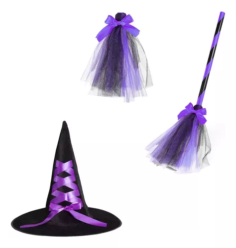 Kit Fantasia Bruxa Vassoura Chapéu Festa Halloween Luxo - DHS SHOP