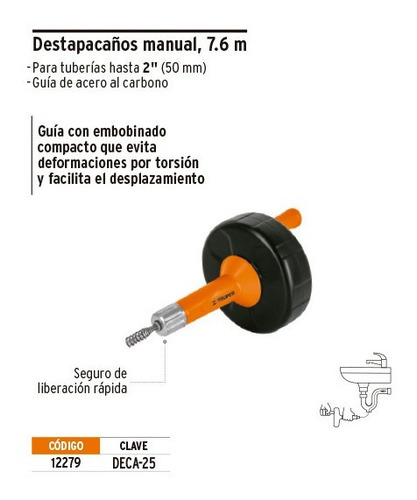 Imagen 3 de 6 de Destapa Caño Punta Cónica 7.6 Metros Truper Deca-25