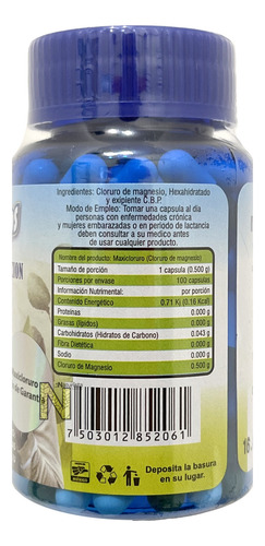 Imagen 3 de 6 de Cloruro De Magnesio 100 Caps 500mg Maxicloruro