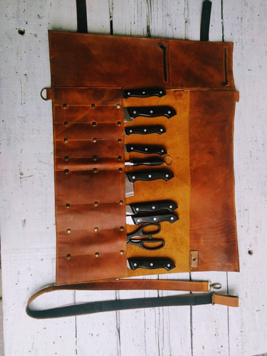 Estuche Porta Cuchillos Rollo De Piel Genuina Chef Parrilla Color Naranja Claro