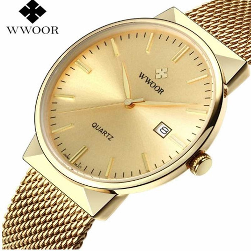 Relógio Wwoor 8826 De Luxo Dourado Ultra Fino Original