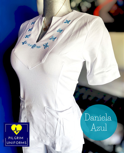 Uniforme Blanco, Clinico, Enfermeria, Modelo Daniela Azul