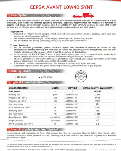 Aceite 10w40 Avant Lubricante Cepsa Tambor 208 Lts.
