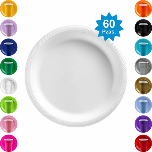 60 Platos De Plástico Grandes Desechable Colores Amscan Colores Blanco